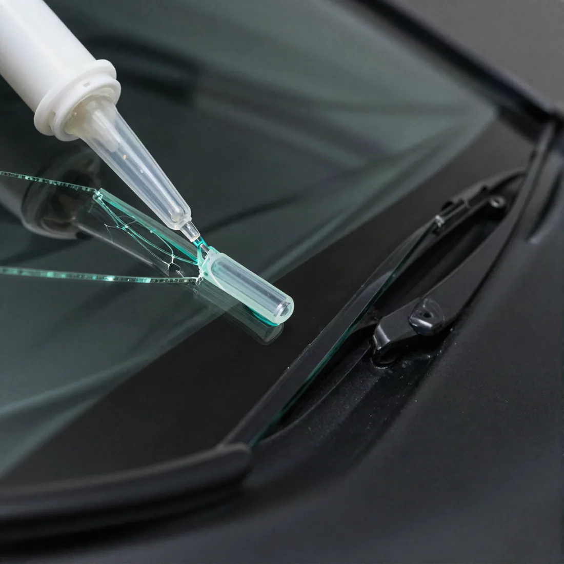 A resin injector bridging a star crack on a car's windshield during a chip repair, wiper arm in the foreground.