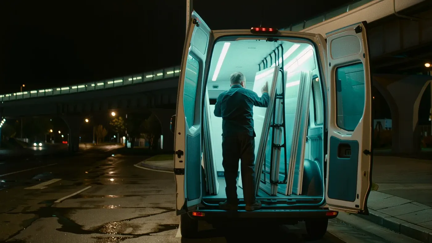 A technician lifting a windshield from the glass racks inside the open rear doors of the Zone Glass service van at night.