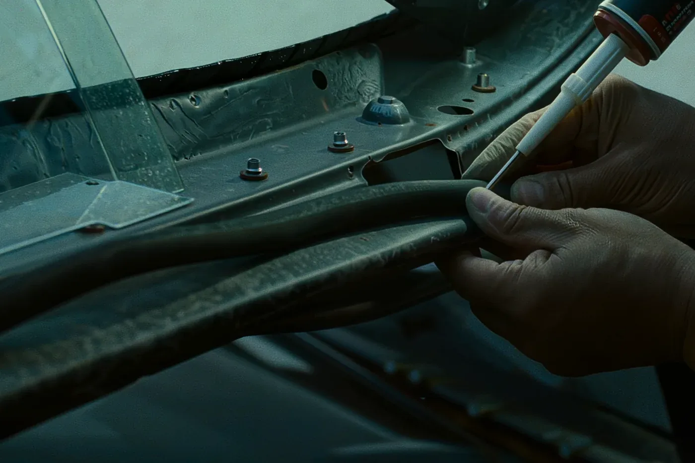 A technician's gloved hand laying a bead of urethane along the primed pinchweld before a new windshield is set.